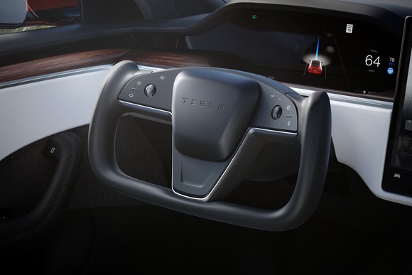 A close-up of the dashboard of a 2021 Tesla Model S.