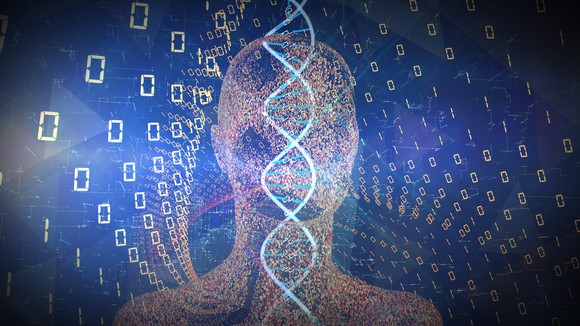 DNA with an image of a person's head and shoulders and 1s and 0s in the background.