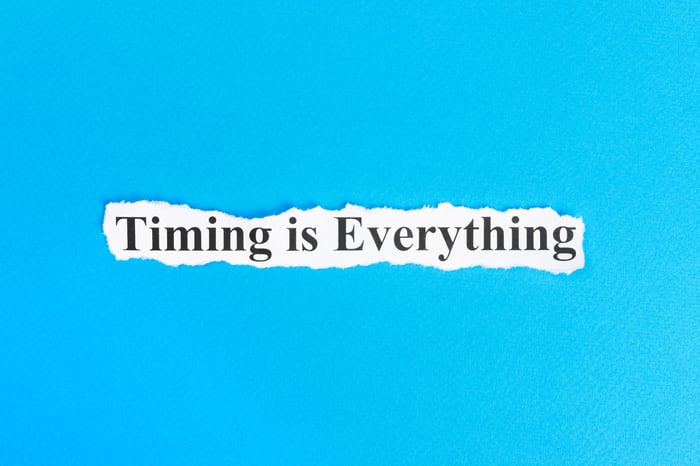 The phrase "timing is everything" is printed on a torn sheet of paper.