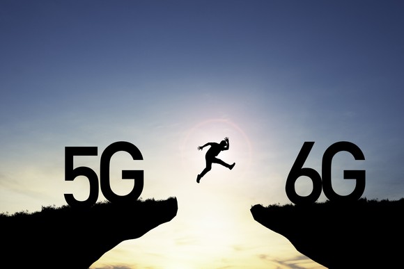 Someone leaping over cliff edges labeled 5G and 6G