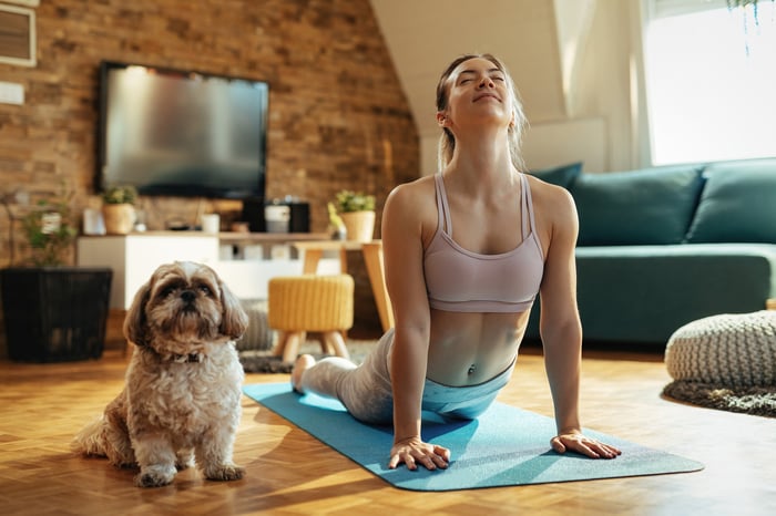 Person doing yoga with dog sitting nearby.