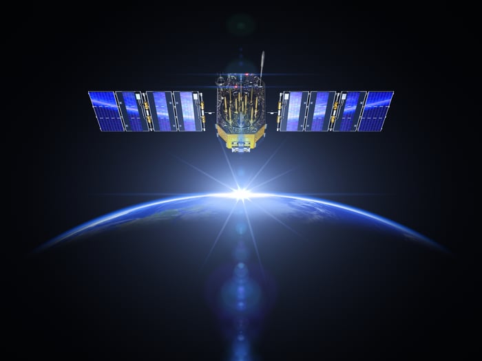 A satellite is flying above the earth. 