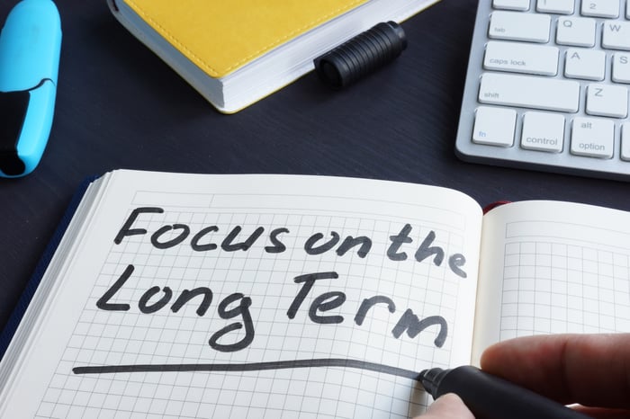 Person writing "Focus on the Long Term" in a notebook.