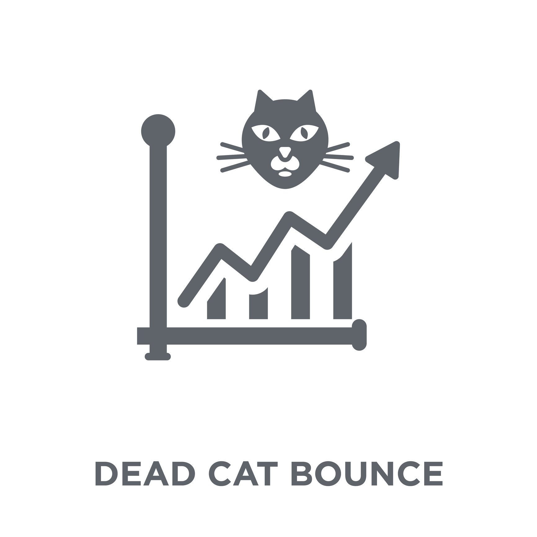 Rising stock chart with a cat head pictured reads DEAD CAT BOUNCE