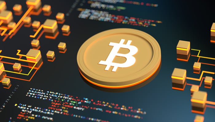 Bitcoin on a blockchain circuit board. 