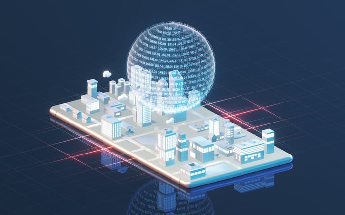 Computer rendering of small city with globe made of numbers over it. 