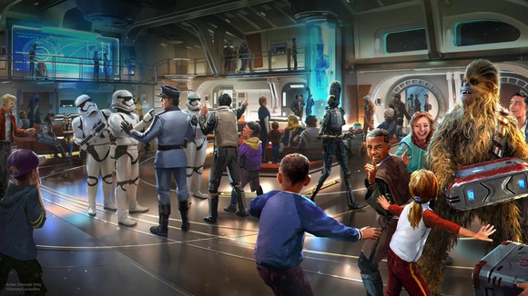 Concept art for Star Wars: Galactic Starcruiser with Stormtroopers and Chewbacca interacting with guests.