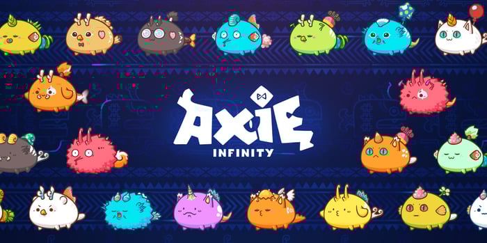 Different breeds of Axies surrounding game logo. 