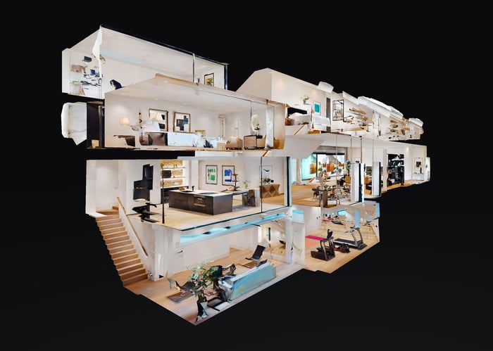A vertical cross-sectional view of a home, which enables all rooms to be viewed.