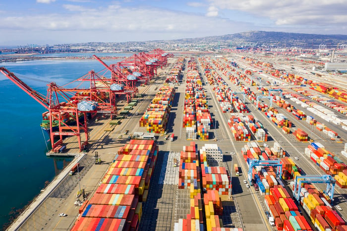 Containers stacked up at the Port of Long Beach