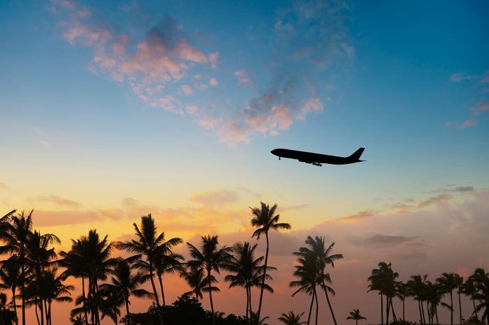 A plane flies above palm trees.