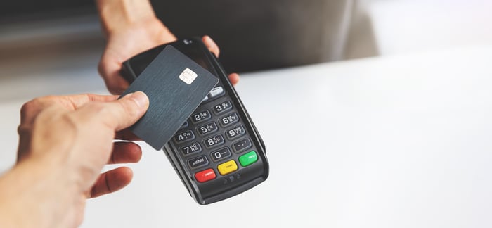 A credit card over a POS machine