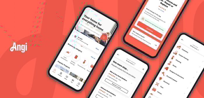 Different views of the Angi app on  smartphones.