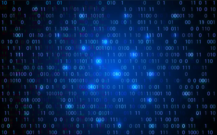 Rows of ones and zeroes against a blue background.