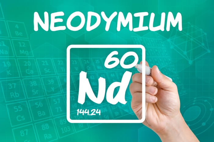 The chemical element neodymium with its symbol, atomic weight, and atomic number in white lettering on the periodic table. 
