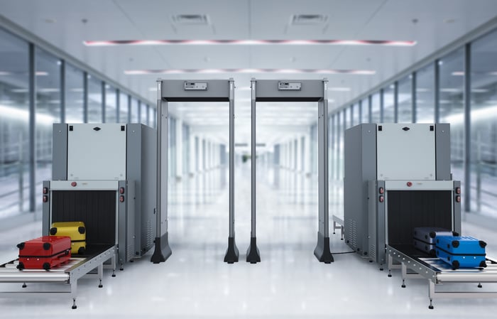 Metal detectors at an airport. 
