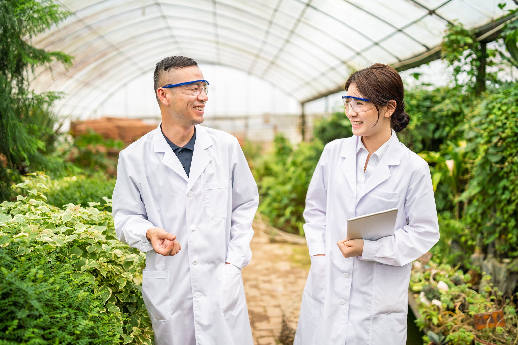 Two people laughing and working inside a greenhouse.