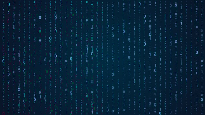 A series of alphanumeric digits on a screen in vertical lines.