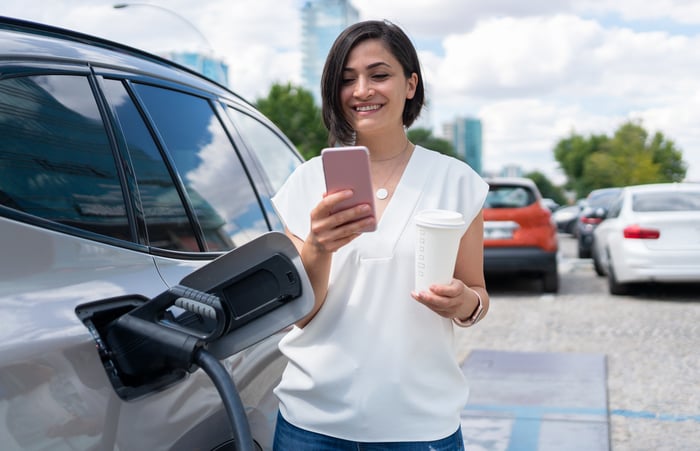 Woman Charging Electric Car While Using Smartphone.