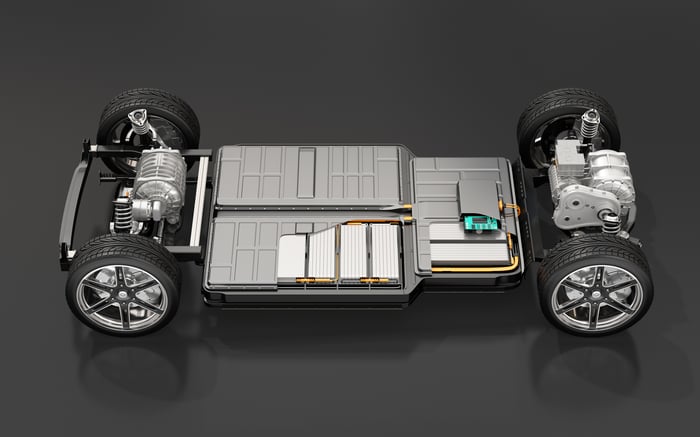 Electric vehicle powertrain and inner workings without body. 