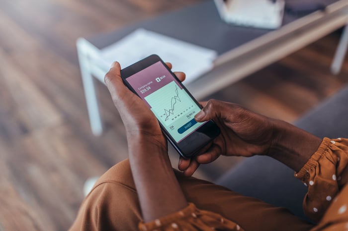 Hands holding a smartphone with a  stock chart on its screen.