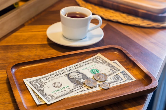 A couple of one dollar bills and a few coins placed on a payment tray next to a cup of coffee. 