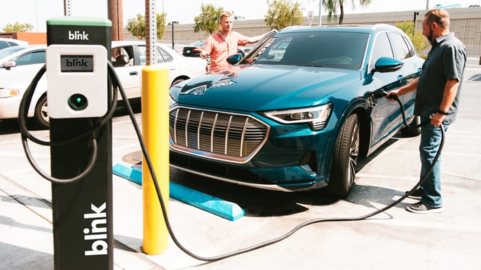 Two drivers using a Blink Charging station