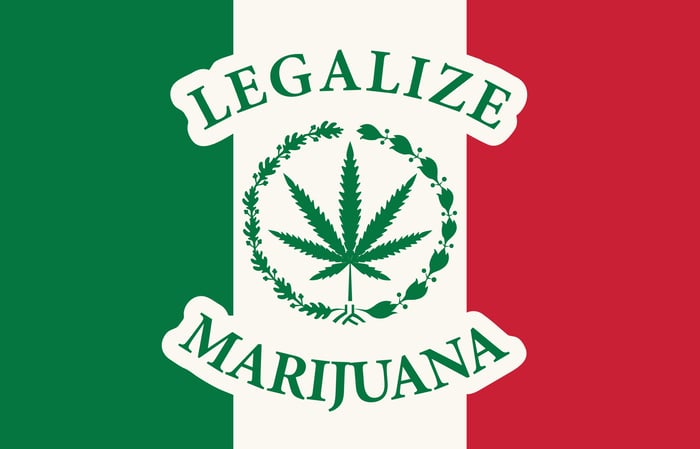 Mexican flag emblazoned with a marijuana leaf and the words "Legalize Marijuana."