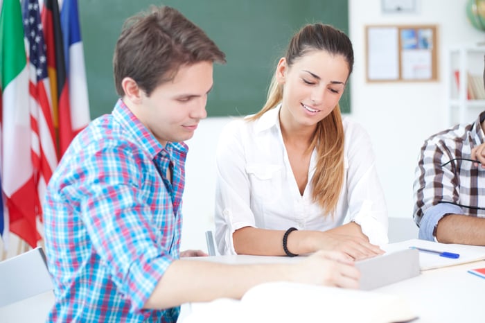 Two students sitting at a table studying, with flags in the background.