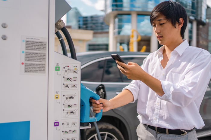 Person charging electric car at public charging station.