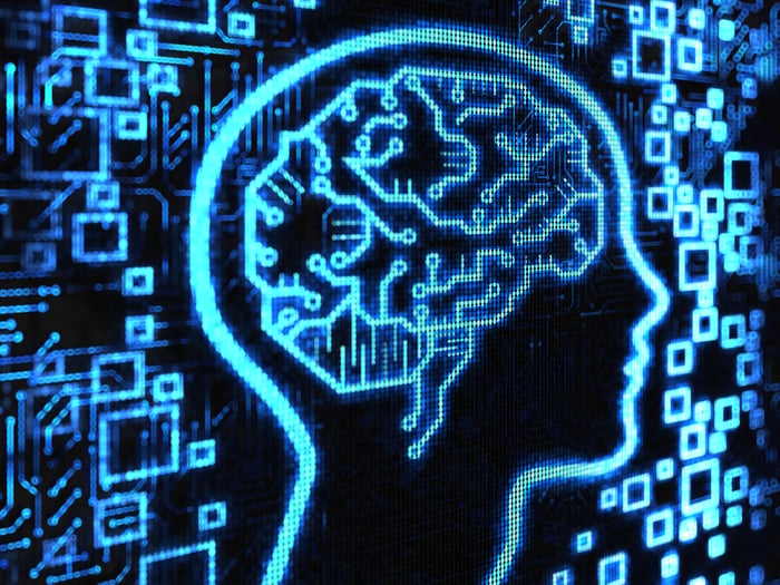 Profile of human head with brain constructed of semiconductor transistors. 