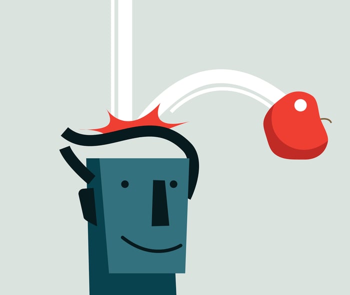 Sir Isaac Newton reference -- an apple falling and hitting a cartoon character on the head.