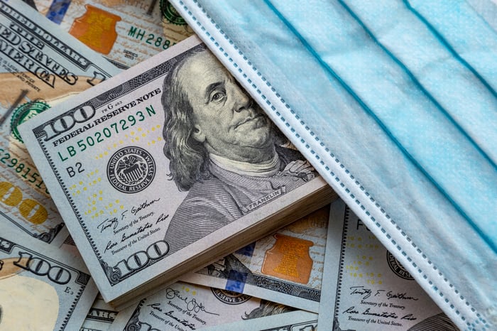 Face mask on top of $100 bills.