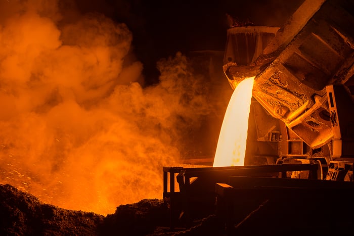 Molten steel pouring in a foundry.