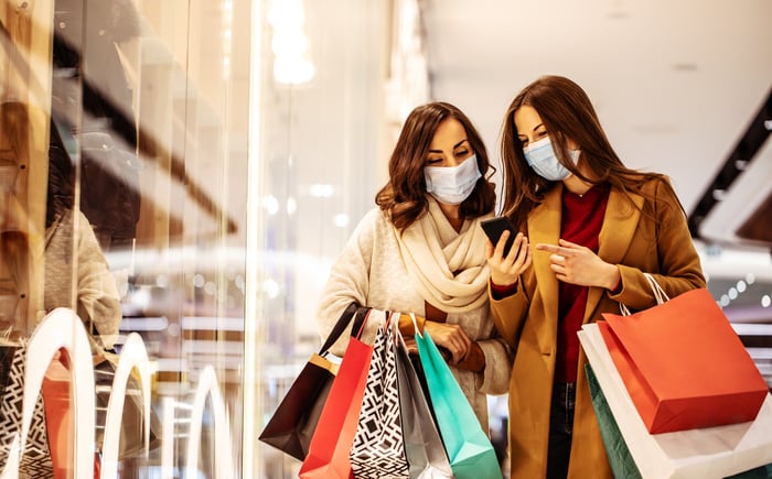 Two masked people with bunches of shopping bags on their arms look at a phone.