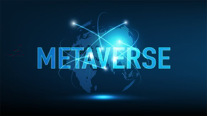 A stylized globe is in the center of the frame with the word metaverse in front of it.