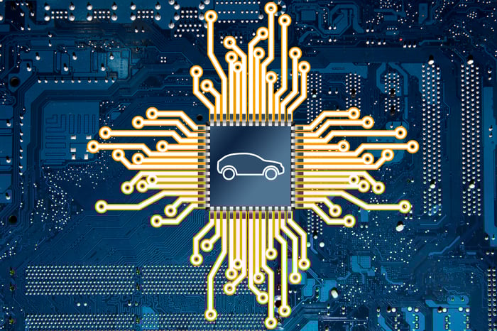 A digital image of a semiconductor network with a car imprinted in the center.