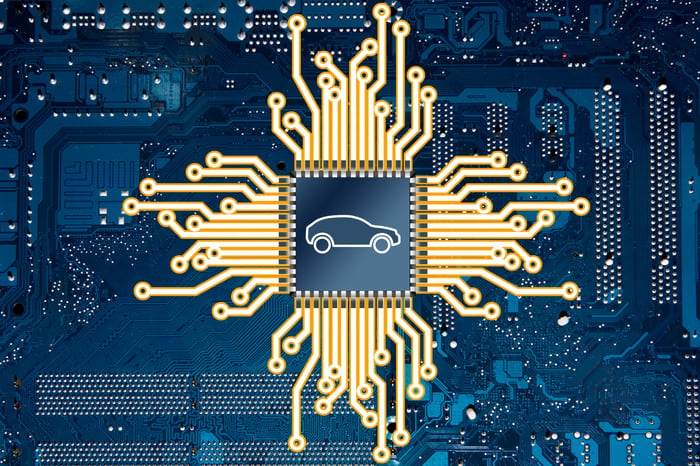 A digital image of a semiconductor network with a car imprinted in the center.