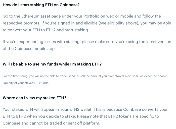 A help page explaining that staked Ethereum can't be traded until next year.