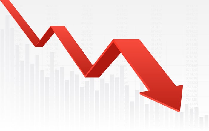 Red arrow on stock chart pointing down. 