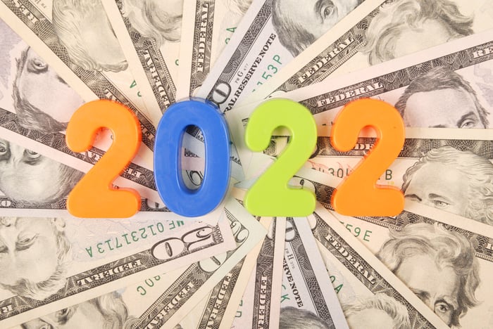 The year 2022 spelled out in multicolored blocks set atop a fanned pile of assorted cash bills.