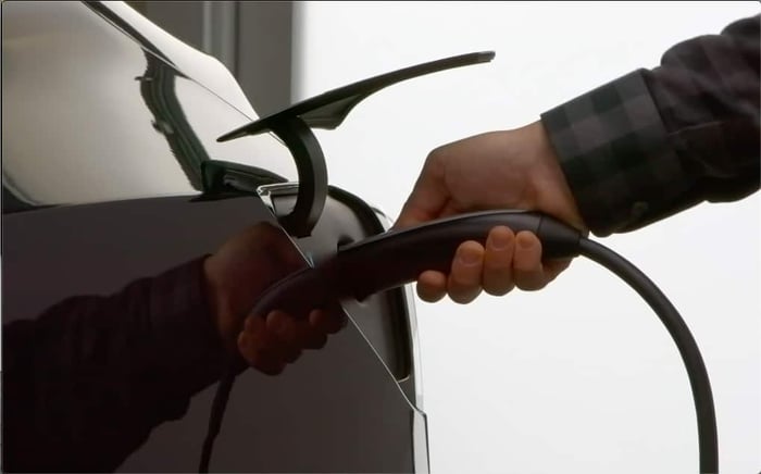 Person plugging electric car into outlet.