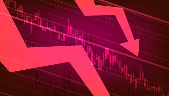 Two huge red arrows going down on a stock chart.