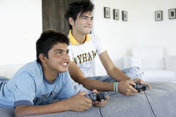 Two people playing video games.