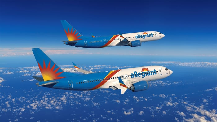 A rendering of a Boeing 737 MAX 7 and a Boeing 737 MAX 200 in the Allegiant livery flying side by side.