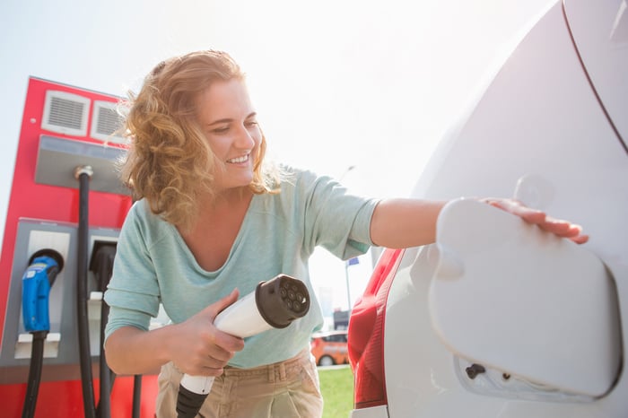 A person at a car charging station, about to plug the charger into their electric vehicle.