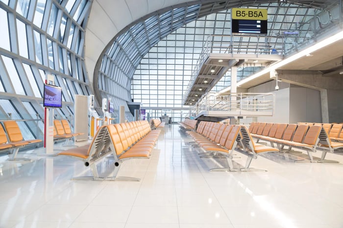 Modern airport lobby.