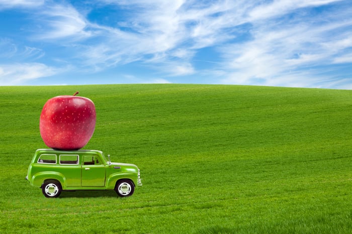 Red apple atop a green car on a green field under blue skies.
