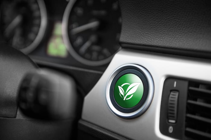 Car with a green leaf for a start button.