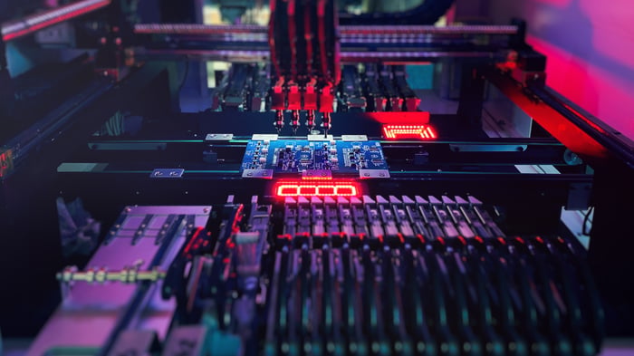 Semiconductors being manufactured.